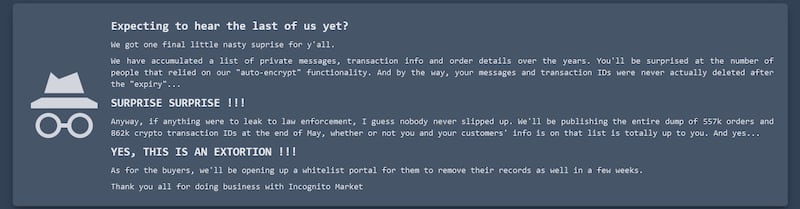 Chantaje de Incognito Market | Dark web