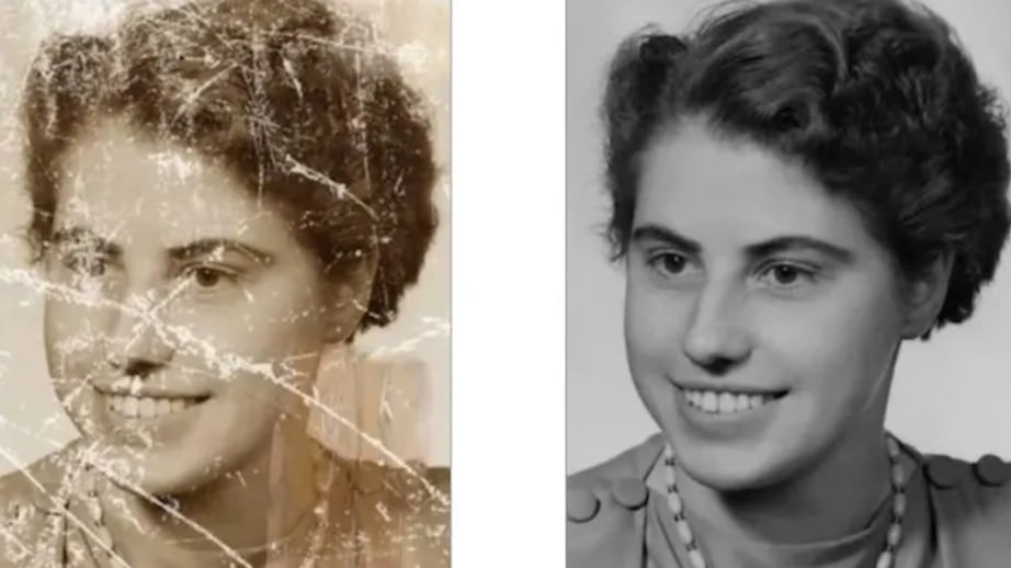El retrato antiguo de una mujer fue actualizado con la inteligencia artificial GFP-GAN, pasando de una imagen sepia a blanco y negro, pero con una resolución moderna.