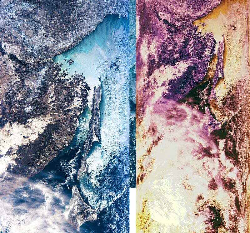 Isla Hokkaido, Japón A la izquierda está la imagen en color real. A la derecha, la imagen de infrarrojo de onda corta muestra luz reflejada en colores a los que el ojo humano no es sensible