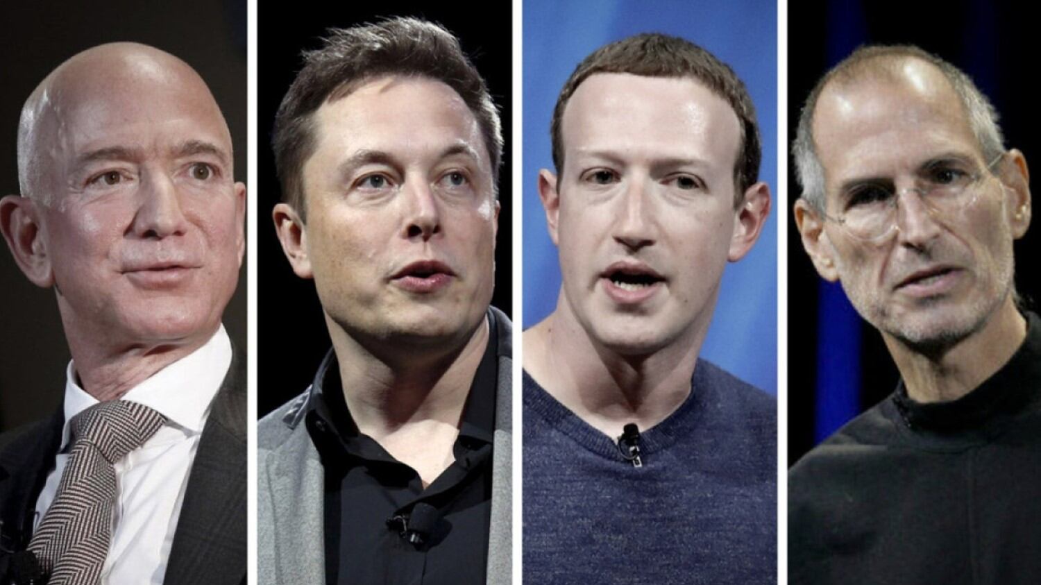 Jeff Bezos, Elon Musk, Mark Zuckerberg, Steve Jobs